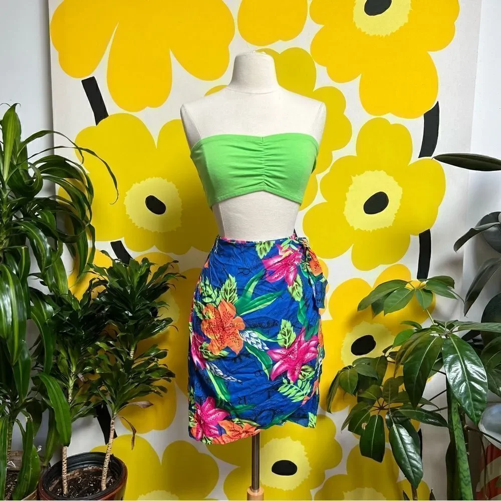 Vintage 80s / 90s Neon Tropical Hawaiian Tiki 3 piece Beach Vacation Skirt Set